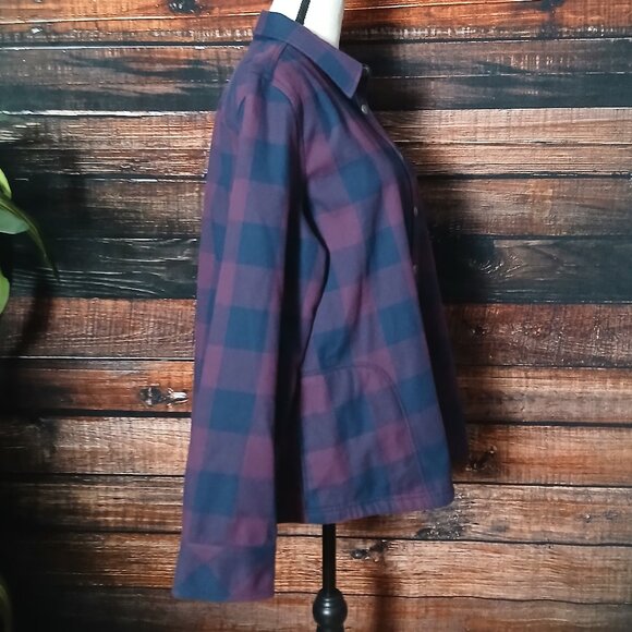 Orvis Jacket XL Fleece Lined Flannel Snap Front Purple Navy Checked Chore Coat - Picture 7 of 13
